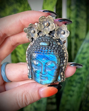 60mm Floral Blue Labradorite Buddha Pendant