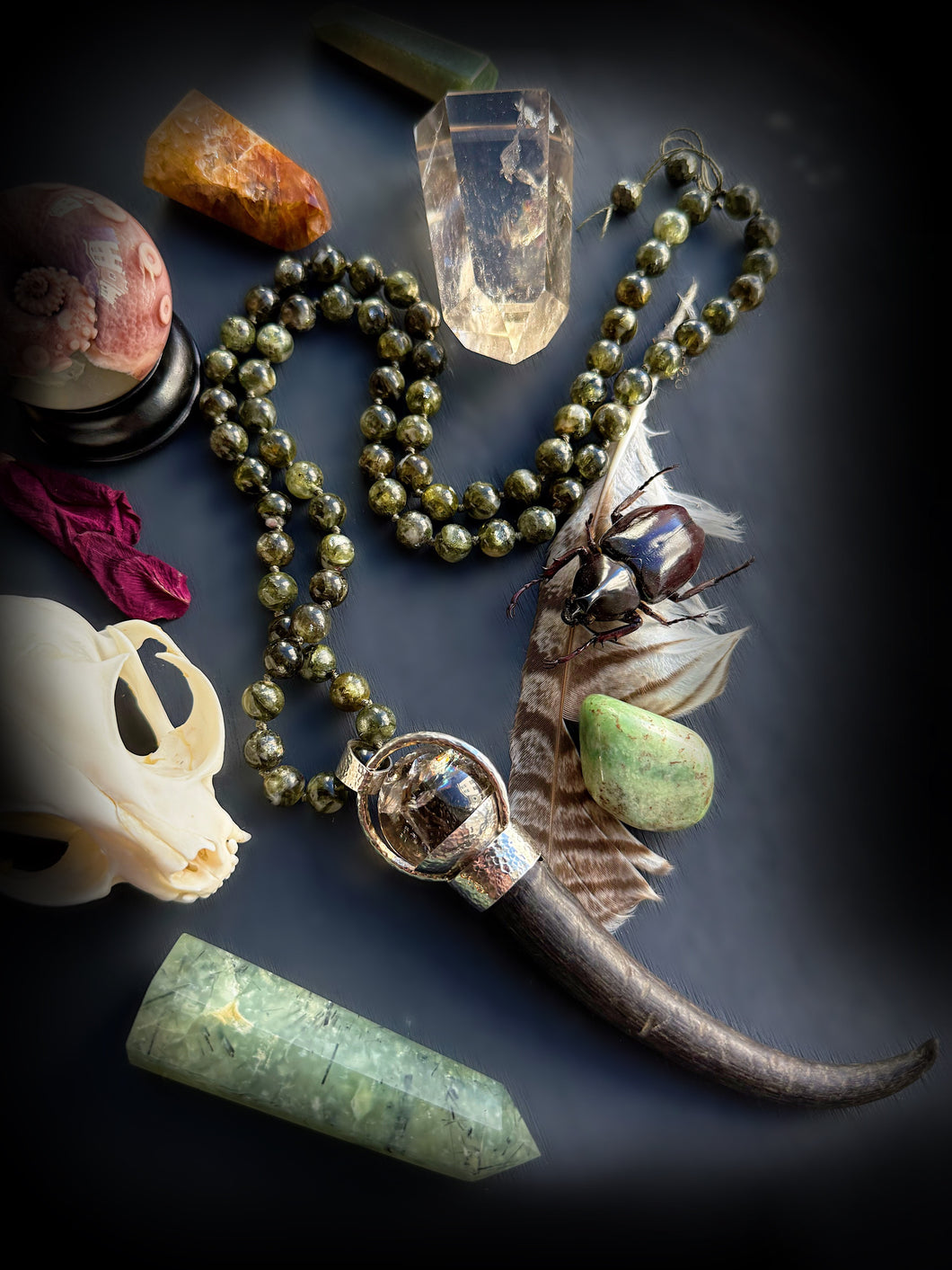 27” Crystal Curiosities - (72 Bead) Knotted Green Lepidolite Necklace - Rainbow Smoky Quartz Sphere + Black Buffalo Horn - 925 Sterling Silver Pendant.