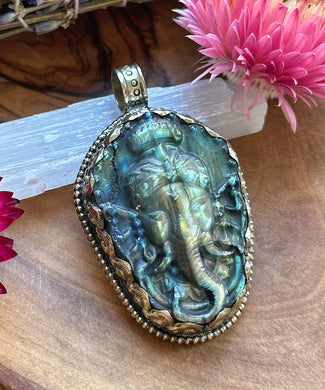 55mm Labradorite Ganesha Elephant Carving - White Brass