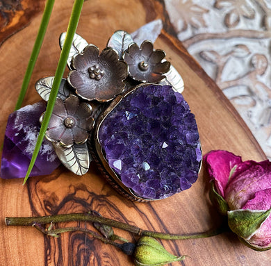 65mm Amethyst Druzy + Floral Pendant