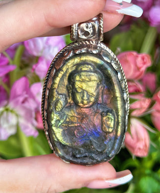 60mm Winking Buddha Rainbow Flash Labradorite Pendant