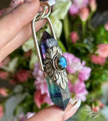 65mm Double Terminated Rainbow Fluorite + Labradorite Pendant